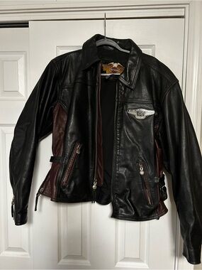 Harley-Davidson Black Leather Bomber Jacket with Dark Brown Panels